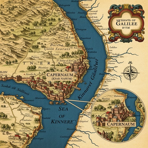 AI Design for תדייק יותר שיהי זום על כפר נחום והכנרת על המפה