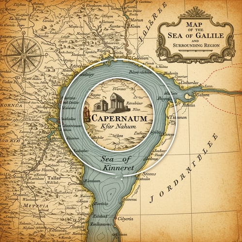 AI Design for תדייק יותר שיהי זום על כפר נחום והכנרת על המפה