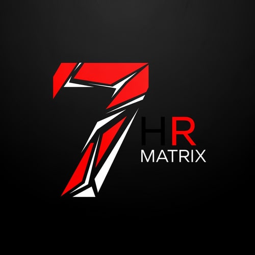 AI Design for my logo name is 7 hr matrix for hrms project with red , black, white theme, make the digner 7