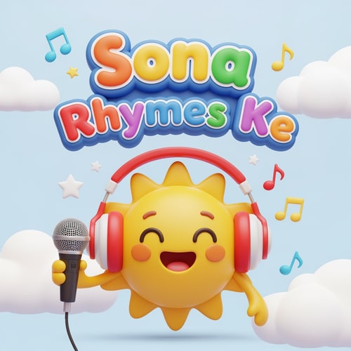 AI Design for "A cute, colorful kids cartoon logo featuring a smiling sun character wearing red headphones, holding a microphone. Big bubbly text saying ‘Sona Rhymes Ke’ in playful rainbow colors. Background soft clouds, stars, and musical notes. Style: 3D cartoon, soft glossy, kid-friendly branding."