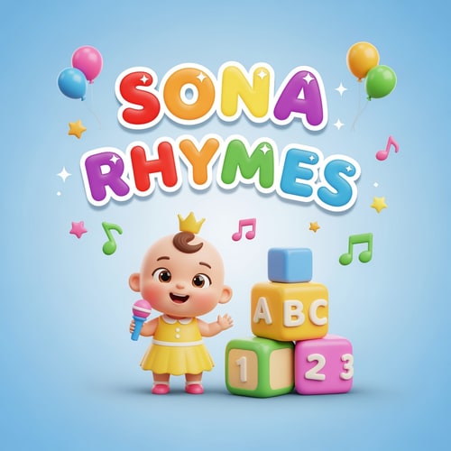 AI Design for Cute, colorful, joyful kids cartoon style logo for a YouTube channel named "Sona Rhymes". A smiling baby girl character wearing yellow dress with little crown, holding a microphone and standing beside colorful ABC and 123 blocks. Soft rounded font text "SONA RHYMES" in bright rainbow colors with shine effect. Add small music notes, stars, balloons, and playful elements around. Background clean white or soft sky blue. High resolution, modern kids brand style, 3D glossy effect, friendly and attractive design for toddlers, high detail, perfect for cartoon rhymes branding.