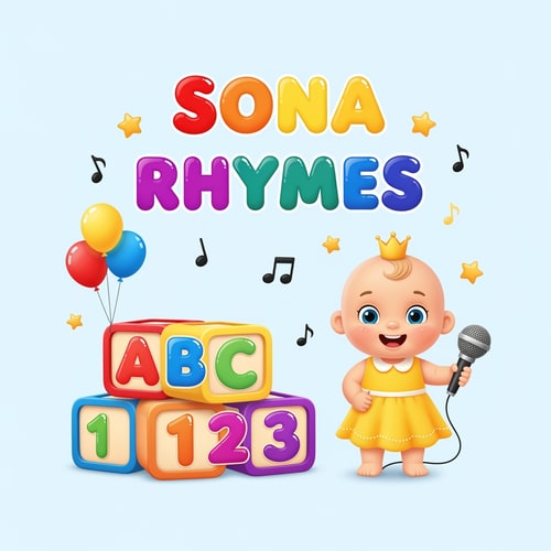 AI Design for Cute, colorful, joyful kids cartoon style logo for a YouTube channel named "Sona Rhymes". A smiling baby girl character wearing yellow dress with little crown, holding a microphone and standing beside colorful ABC and 123 blocks. Soft rounded font text "SONA RHYMES" in bright rainbow colors with shine effect. Add small music notes, stars, balloons, and playful elements around. Background clean white or soft sky blue. High resolution, modern kids brand style, 3D glossy effect, friendly and attractive design for toddlers, high detail, perfect for cartoon rhymes branding.
