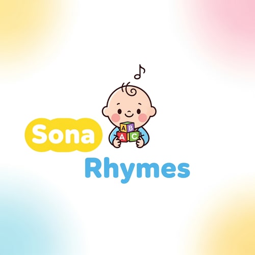 AI Design for "Minimal kids-friendly logo with a cute baby character holding ABC blocks and a small music note floating above. Text ‘Sona Rhymes ’ in round bubble font in yellow and sky-blue color. Soft pastel background."