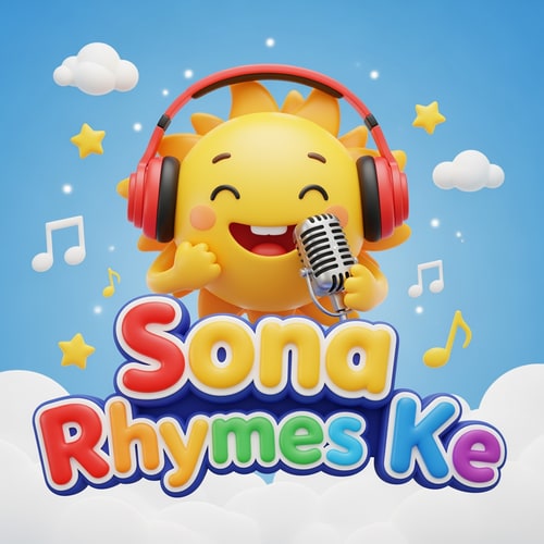 AI Design for "A cute, colorful kids cartoon logo featuring a smiling sun character wearing red headphones, holding a microphone. Big bubbly text saying ‘Sona Rhymes Ke’ in playful rainbow colors. Background soft clouds, stars, and musical notes. Style: 3D cartoon, soft glossy, kid-friendly branding."