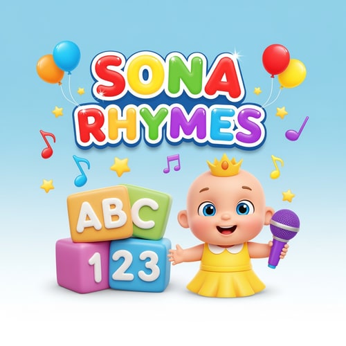 AI Design for Cute, colorful, joyful kids cartoon style logo for a YouTube channel named "Sona Rhymes". A smiling baby girl character wearing yellow dress with little crown, holding a microphone and standing beside colorful ABC and 123 blocks. Soft rounded font text "SONA RHYMES" in bright rainbow colors with shine effect. Add small music notes, stars, balloons, and playful elements around. Background clean white or soft sky blue. High resolution, modern kids brand style, 3D glossy effect, friendly and attractive design for toddlers, high detail, perfect for cartoon rhymes branding.