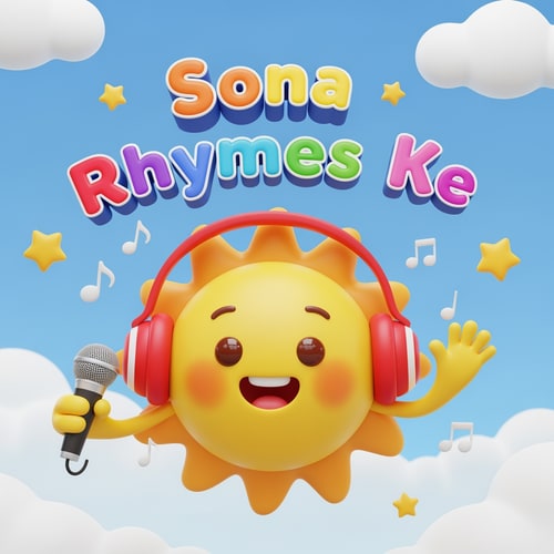 AI Design for "A cute, colorful kids cartoon logo featuring a smiling sun character wearing red headphones, holding a microphone. Big bubbly text saying ‘Sona Rhymes Ke’ in playful rainbow colors. Background soft clouds, stars, and musical notes. Style: 3D cartoon, soft glossy, kid-friendly branding."