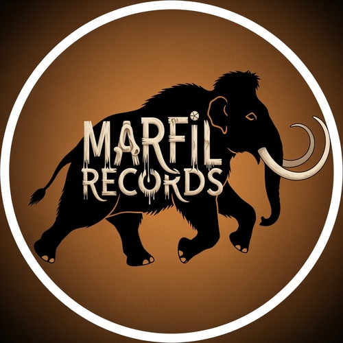 AI Design for I would like you to create a logo with the silhouette of Mamut in movement and inside written with surrealistic letters: Marfil Records. thank you
