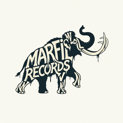 AI Design for I would like you to create a logo with the silhouette of Mamut in movement and inside written with surrealistic letters: Marfil Records. thank you