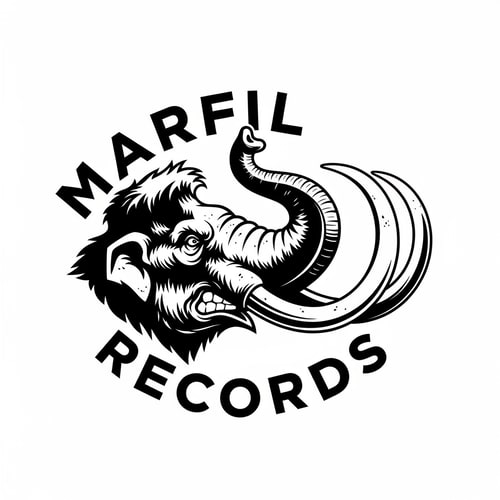 AI Design for please, could you create a logo black and white for a brand called: "Marfil records" and put it in a head of a angry mammunt with the trunk held high watched iin prespective.