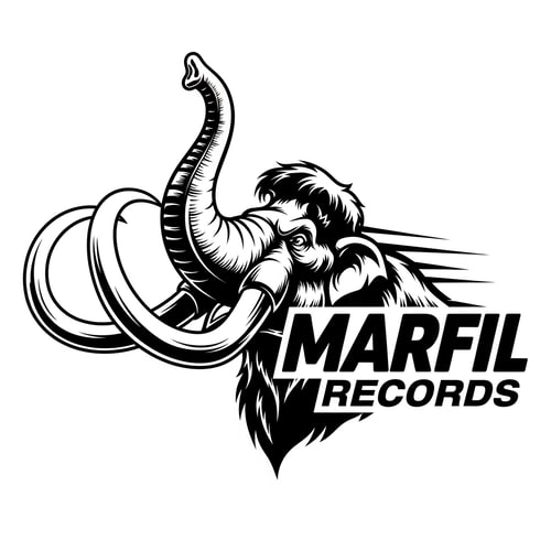 AI Design for please, could you create a logo black and white for a brand called: "Marfil records" and put it in a head of a angry mammunt with the trunk held high watched iin like he's in movement.