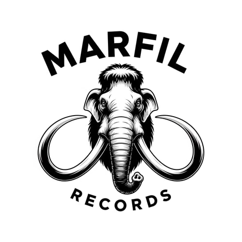 AI Design for please, could you create a logo black and white for a brand called: "Marfil records" and put it in a head of a mammunt watched from front wiev