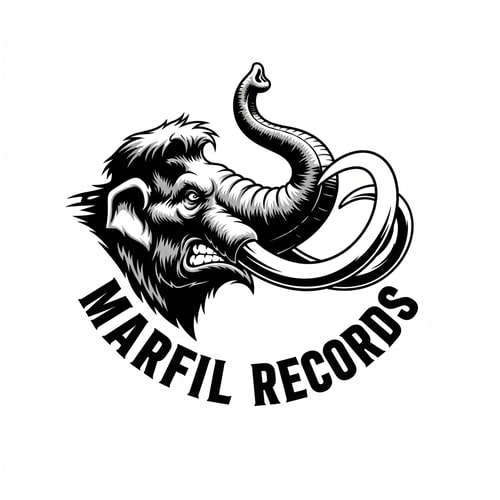 AI Design for please, could you create a logo black and white for a brand called: "Marfil records" and put it in a head of a angry mammunt with the trunk held high watched iin like he's in movement.