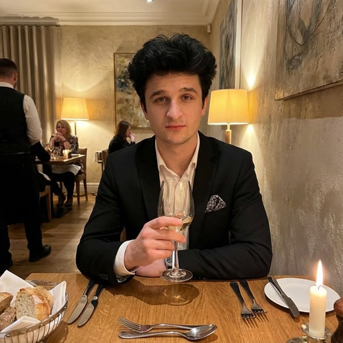 AI Design for Szerkeszd meg úgy hogy pacekúl fel vagyok öltözve és 1 étterembe ülök, a haj fluffy haj legyen és 100% realisztikus legyen