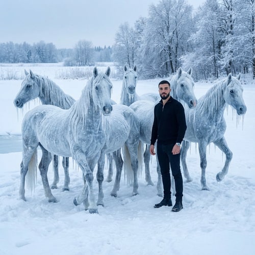 AI Design for Szerkeszd meg ezt a képet úgy hogy állok 6 freez lovak mellet