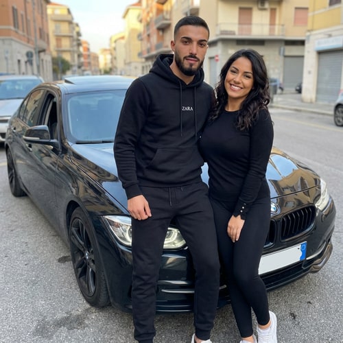 AI Design for Szerkeszd meg ezt a képet úgy hogy 1 BMW előtt álok fekete szinben zara melegitőben Latin nő álljon mellettem és az arcom teljes mértékben ugyan olyan legyen mint az eredeti képen