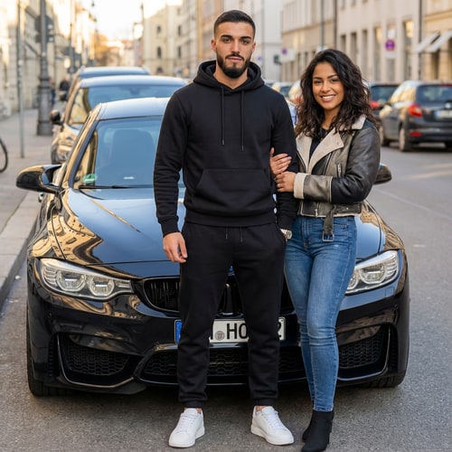 AI Design for Szerkeszd meg ezt a képet úgy hogy 1 BMW előtt álok fekete szinben zara melegitőben Latin nő álljon mellettem és az arcom teljes mértékben ugyan olyan legyen mint az eredeti képen