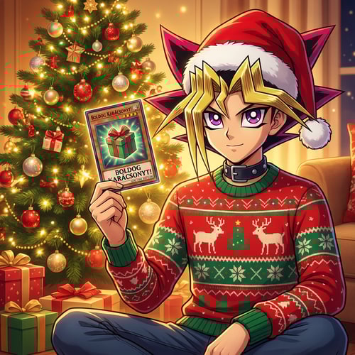 AI Design for Szerkeszd meg úgy hogy Yugi ül 1 Karácsonyfa előtt karácsonyos ruhában kezében 1 kártya amire az van irva boldog karácsonyt!