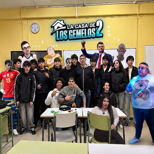 AI Design for haz que las personas de las otras imagenes, se junten en la primera sin tapar a las otras, y haz que encima de la foto ponga las letras de tercera foto y que diga la casa de los gemelos 2