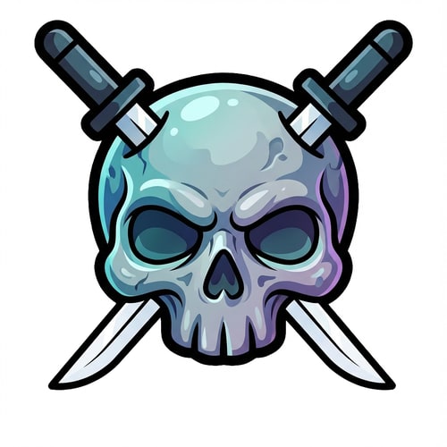 AI Design for make the skull slightly more cartoonish and less realistic do not alter the appearance of the katanas also give the skull a thick black outline also make make the coloring cooler and the skull insanely cartoonish not just one solid color

The attached image represents the overall artistic style and aesthetic. Use it as a reference for visual consistency and design language. Do not replicate these images directly, but capture the general artistic direction and style.

General color scheme includes: #c82828, #f03c50, #505050, #dcdcdc, #8c143c

And follow these custom instructions: Create icons with a bold, modern cartoon-vector aesthetic. Use thick, clean outlines (preferably dark or black) to define shapes and provide strong contrast against vibrant fills. Maintain smooth, rounded corners and soft geometric forms—favor simplified silhouettes over intricate details.

Use a vivid, saturated color palette with high contrast between foreground and background elements. Incorporate subtle gradients and light reflections to add depth without overwhelming clarity.