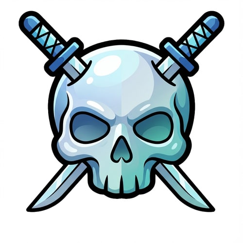 AI Design for make the skull slightly more cartoonish and less realistic do not alter the appearance of the katanas also give the skull a thick black outline also make make the coloring cooler and more cartoonish not just one solid color

The attached image represents the overall artistic style and aesthetic. Use it as a reference for visual consistency and design language. Do not replicate these images directly, but capture the general artistic direction and style.

General color scheme includes: #c82828, #f03c50, #505050, #dcdcdc, #8c143c

And follow these custom instructions: Create icons with a bold, modern cartoon-vector aesthetic. Use thick, clean outlines (preferably dark or black) to define shapes and provide strong contrast against vibrant fills. Maintain smooth, rounded corners and soft geometric forms—favor simplified silhouettes over intricate details.

Use a vivid, saturated color palette with high contrast between foreground and background elements. Incorporate subtle gradients and light reflections to add depth without overwhelming clarity.