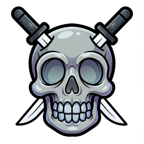 AI Design for make the skull slightly more cartoonish and less realistic do not alter the appearance of the katanas also give the skull a thick black outline also make make the coloring cooler and the skull insanely cartoonish not just one solid color

The attached image represents the overall artistic style and aesthetic. Use it as a reference for visual consistency and design language. Do not replicate these images directly, but capture the general artistic direction and style.

General color scheme includes: #c82828, #f03c50, #505050, #dcdcdc, #8c143c

And follow these custom instructions: Create icons with a bold, modern cartoon-vector aesthetic. Use thick, clean outlines (preferably dark or black) to define shapes and provide strong contrast against vibrant fills. Maintain smooth, rounded corners and soft geometric forms—favor simplified silhouettes over intricate details.

Use a vivid, saturated color palette with high contrast between foreground and background elements. Incorporate subtle gradients and light reflections to add depth without overwhelming clarity.