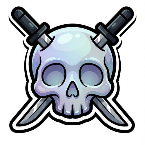 AI Design for make the skull slightly more cartoonish and less realistic do not alter the appearance of the katanas also give the skull a thick black outline also make make the coloring cooler and the skull insanely cartoonish not just one solid color

The attached image represents the overall artistic style and aesthetic. Use it as a reference for visual consistency and design language. Do not replicate these images directly, but capture the general artistic direction and style.

General color scheme includes: #c82828, #f03c50, #505050, #dcdcdc, #8c143c

And follow these custom instructions: Create icons with a bold, modern cartoon-vector aesthetic. Use thick, clean outlines (preferably dark or black) to define shapes and provide strong contrast against vibrant fills. Maintain smooth, rounded corners and soft geometric forms—favor simplified silhouettes over intricate details.

Use a vivid, saturated color palette with high contrast between foreground and background elements. Incorporate subtle gradients and light reflections to add depth without overwhelming clarity.