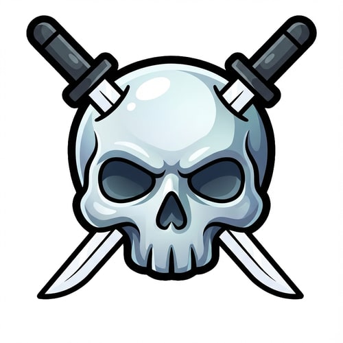 AI Design for make the skull slightly more cartoonish and less realistic do not alter the appearance of the katanas also give the skull a thick black outline also make make the coloring cooler and the skull more cartoonish not just one solid color

The attached image represents the overall artistic style and aesthetic. Use it as a reference for visual consistency and design language. Do not replicate these images directly, but capture the general artistic direction and style.

General color scheme includes: #c82828, #f03c50, #505050, #dcdcdc, #8c143c

And follow these custom instructions: Create icons with a bold, modern cartoon-vector aesthetic. Use thick, clean outlines (preferably dark or black) to define shapes and provide strong contrast against vibrant fills. Maintain smooth, rounded corners and soft geometric forms—favor simplified silhouettes over intricate details.

Use a vivid, saturated color palette with high contrast between foreground and background elements. Incorporate subtle gradients and light reflections to add depth without overwhelming clarity.
