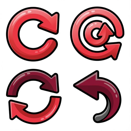 AI Design for create 4 vector retry buttons with no text or boxes confining it

The attached image represents the overall artistic style and aesthetic. Use it as a reference for visual consistency and design language. Do not replicate these images directly, but capture the general artistic direction and style.

General color scheme includes: #c82828, #f03c50, #505050, #dcdcdc, #8c143c

And follow these custom instructions: Create icons with a bold, modern cartoon-vector aesthetic. Use thick, clean outlines (preferably dark or black) to define shapes and provide strong contrast against vibrant fills. Maintain smooth, rounded corners and soft geometric forms—favor simplified silhouettes over intricate details.

Use a vivid, saturated color palette with high contrast between foreground and background elements. Incorporate subtle gradients and light reflections to add depth without overwhelming clarity.