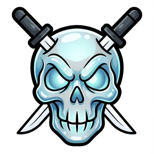 AI Design for make the skull slightly more cartoonish and less realistic do not alter the appearance of the katanas also give the skull a thick black outline also make make the coloring cooler and the skull insanely cartoonish not just one solid color

The attached image represents the overall artistic style and aesthetic. Use it as a reference for visual consistency and design language. Do not replicate these images directly, but capture the general artistic direction and style.

General color scheme includes: #c82828, #f03c50, #505050, #dcdcdc, #8c143c

And follow these custom instructions: Create icons with a bold, modern cartoon-vector aesthetic. Use thick, clean outlines (preferably dark or black) to define shapes and provide strong contrast against vibrant fills. Maintain smooth, rounded corners and soft geometric forms—favor simplified silhouettes over intricate details.

Use a vivid, saturated color palette with high contrast between foreground and background elements. Incorporate subtle gradients and light reflections to add depth without overwhelming clarity.