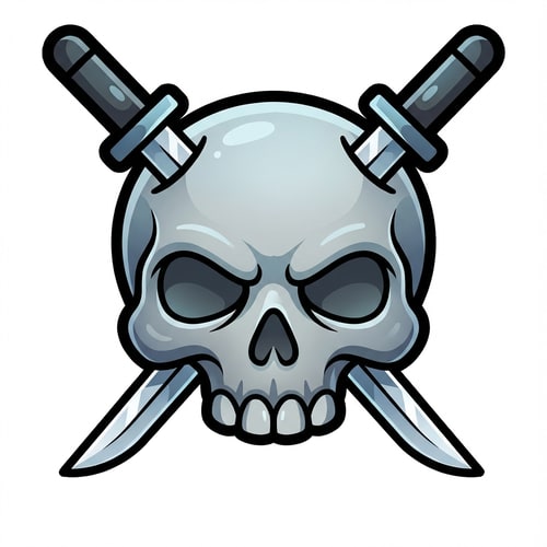 AI Design for make the skull slightly more cartoonish and less realistic do not alter the appearance of the katanas also give the skull a thick black outline also make make the coloring cooler and the skull more cartoonish not just one solid color

The attached image represents the overall artistic style and aesthetic. Use it as a reference for visual consistency and design language. Do not replicate these images directly, but capture the general artistic direction and style.

General color scheme includes: #c82828, #f03c50, #505050, #dcdcdc, #8c143c

And follow these custom instructions: Create icons with a bold, modern cartoon-vector aesthetic. Use thick, clean outlines (preferably dark or black) to define shapes and provide strong contrast against vibrant fills. Maintain smooth, rounded corners and soft geometric forms—favor simplified silhouettes over intricate details.

Use a vivid, saturated color palette with high contrast between foreground and background elements. Incorporate subtle gradients and light reflections to add depth without overwhelming clarity.