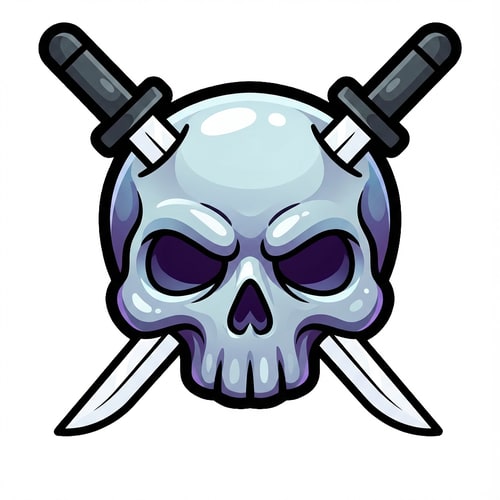 AI Design for make the skull slightly more cartoonish and less realistic do not alter the appearance of the katanas also give the skull a thick black outline also make make the coloring cooler and the skull insanely cartoonish not just one solid color

The attached image represents the overall artistic style and aesthetic. Use it as a reference for visual consistency and design language. Do not replicate these images directly, but capture the general artistic direction and style.

General color scheme includes: #c82828, #f03c50, #505050, #dcdcdc, #8c143c

And follow these custom instructions: Create icons with a bold, modern cartoon-vector aesthetic. Use thick, clean outlines (preferably dark or black) to define shapes and provide strong contrast against vibrant fills. Maintain smooth, rounded corners and soft geometric forms—favor simplified silhouettes over intricate details.

Use a vivid, saturated color palette with high contrast between foreground and background elements. Incorporate subtle gradients and light reflections to add depth without overwhelming clarity.