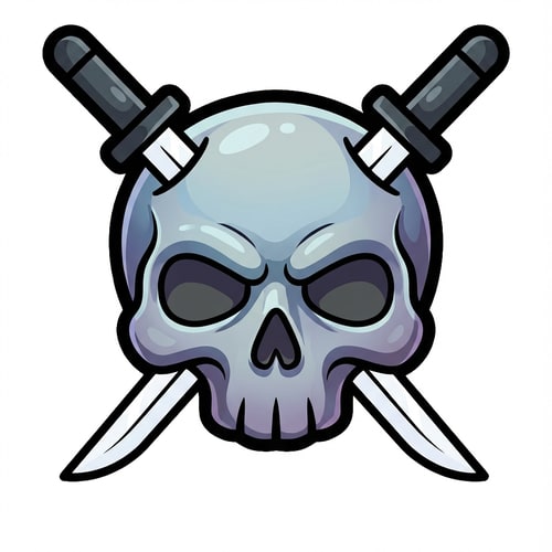 AI Design for make the skull slightly more cartoonish and less realistic do not alter the appearance of the katanas also give the skull a thick black outline also make make the coloring cooler and the skull more cartoonish not just one solid color

The attached image represents the overall artistic style and aesthetic. Use it as a reference for visual consistency and design language. Do not replicate these images directly, but capture the general artistic direction and style.

General color scheme includes: #c82828, #f03c50, #505050, #dcdcdc, #8c143c

And follow these custom instructions: Create icons with a bold, modern cartoon-vector aesthetic. Use thick, clean outlines (preferably dark or black) to define shapes and provide strong contrast against vibrant fills. Maintain smooth, rounded corners and soft geometric forms—favor simplified silhouettes over intricate details.

Use a vivid, saturated color palette with high contrast between foreground and background elements. Incorporate subtle gradients and light reflections to add depth without overwhelming clarity.
