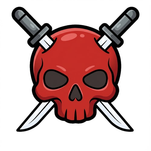 AI Design for make the skull slightly more cartoonish and less realistic do not alter the appearance of the katanas

The attached image represents the overall artistic style and aesthetic. Use it as a reference for visual consistency and design language. Do not replicate these images directly, but capture the general artistic direction and style.

General color scheme includes: #c82828, #f03c50, #505050, #dcdcdc, #8c143c

And follow these custom instructions: Create icons with a bold, modern cartoon-vector aesthetic. Use thick, clean outlines (preferably dark or black) to define shapes and provide strong contrast against vibrant fills. Maintain smooth, rounded corners and soft geometric forms—favor simplified silhouettes over intricate details.

Use a vivid, saturated color palette with high contrast between foreground and background elements. Incorporate subtle gradients and light reflections to add depth without overwhelming clarity.