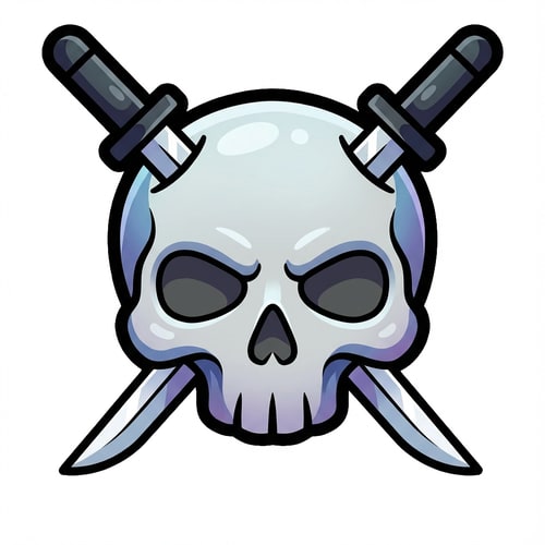 AI Design for make the skull slightly more cartoonish and less realistic do not alter the appearance of the katanas also give the skull a thick black outline also make make the coloring cooler and the skull more cartoonish not just one solid color

The attached image represents the overall artistic style and aesthetic. Use it as a reference for visual consistency and design language. Do not replicate these images directly, but capture the general artistic direction and style.

General color scheme includes: #c82828, #f03c50, #505050, #dcdcdc, #8c143c

And follow these custom instructions: Create icons with a bold, modern cartoon-vector aesthetic. Use thick, clean outlines (preferably dark or black) to define shapes and provide strong contrast against vibrant fills. Maintain smooth, rounded corners and soft geometric forms—favor simplified silhouettes over intricate details.

Use a vivid, saturated color palette with high contrast between foreground and background elements. Incorporate subtle gradients and light reflections to add depth without overwhelming clarity.