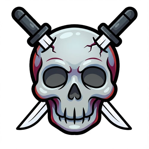 AI Design for make the skull slightly more cartoonish and less realistic do not alter the appearance of the katanas also give the skull a thick black outline also make make the coloring cooler and the skull more cartoonish not just one solid color

The attached image represents the overall artistic style and aesthetic. Use it as a reference for visual consistency and design language. Do not replicate these images directly, but capture the general artistic direction and style.

General color scheme includes: #c82828, #f03c50, #505050, #dcdcdc, #8c143c

And follow these custom instructions: Create icons with a bold, modern cartoon-vector aesthetic. Use thick, clean outlines (preferably dark or black) to define shapes and provide strong contrast against vibrant fills. Maintain smooth, rounded corners and soft geometric forms—favor simplified silhouettes over intricate details.

Use a vivid, saturated color palette with high contrast between foreground and background elements. Incorporate subtle gradients and light reflections to add depth without overwhelming clarity.