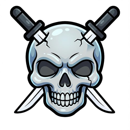 AI Design for make the skull slightly more cartoonish and less realistic do not alter the appearance of the katanas also give the skull a thick black outline also make make the coloring cooler and the skull insanely cartoonish not just one solid color

The attached image represents the overall artistic style and aesthetic. Use it as a reference for visual consistency and design language. Do not replicate these images directly, but capture the general artistic direction and style.

General color scheme includes: #c82828, #f03c50, #505050, #dcdcdc, #8c143c

And follow these custom instructions: Create icons with a bold, modern cartoon-vector aesthetic. Use thick, clean outlines (preferably dark or black) to define shapes and provide strong contrast against vibrant fills. Maintain smooth, rounded corners and soft geometric forms—favor simplified silhouettes over intricate details.

Use a vivid, saturated color palette with high contrast between foreground and background elements. Incorporate subtle gradients and light reflections to add depth without overwhelming clarity.