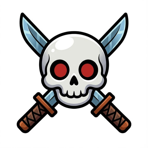 AI Design for make the skull sligtly more cartoonish do not alter the appearance of the katanas

The attached image represents the overall artistic style and aesthetic. Use it as a reference for visual consistency and design language. Do not replicate these images directly, but capture the general artistic direction and style.

General color scheme includes: #c82828, #f03c50, #505050, #dcdcdc, #8c143c

And follow these custom instructions: Create icons with a bold, modern cartoon-vector aesthetic. Use thick, clean outlines (preferably dark or black) to define shapes and provide strong contrast against vibrant fills. Maintain smooth, rounded corners and soft geometric forms—favor simplified silhouettes over intricate details.

Use a vivid, saturated color palette with high contrast between foreground and background elements. Incorporate subtle gradients and light reflections to add depth without overwhelming clarity.