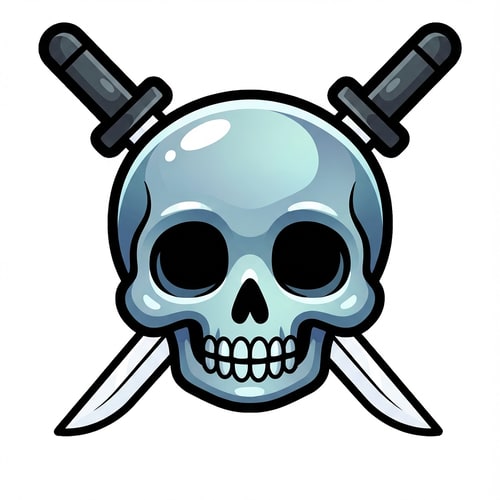 AI Design for make the skull slightly more cartoonish and less realistic do not alter the appearance of the katanas also give the skull a thick black outline also make make the coloring cooler and more cartoonish not just one solid color

The attached image represents the overall artistic style and aesthetic. Use it as a reference for visual consistency and design language. Do not replicate these images directly, but capture the general artistic direction and style.

General color scheme includes: #c82828, #f03c50, #505050, #dcdcdc, #8c143c

And follow these custom instructions: Create icons with a bold, modern cartoon-vector aesthetic. Use thick, clean outlines (preferably dark or black) to define shapes and provide strong contrast against vibrant fills. Maintain smooth, rounded corners and soft geometric forms—favor simplified silhouettes over intricate details.

Use a vivid, saturated color palette with high contrast between foreground and background elements. Incorporate subtle gradients and light reflections to add depth without overwhelming clarity.