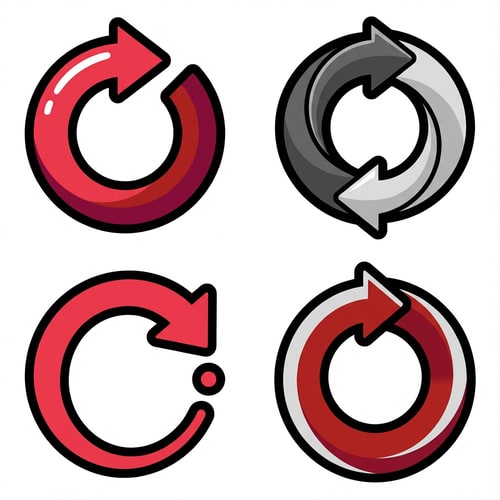 AI Design for create 4 vector retry buttons with no text or boxes confining it

The attached image represents the overall artistic style and aesthetic. Use it as a reference for visual consistency and design language. Do not replicate these images directly, but capture the general artistic direction and style.

General color scheme includes: #c82828, #f03c50, #505050, #dcdcdc, #8c143c

And follow these custom instructions: Create icons with a bold, modern cartoon-vector aesthetic. Use thick, clean outlines (preferably dark or black) to define shapes and provide strong contrast against vibrant fills. Maintain smooth, rounded corners and soft geometric forms—favor simplified silhouettes over intricate details.

Use a vivid, saturated color palette with high contrast between foreground and background elements. Incorporate subtle gradients and light reflections to add depth without overwhelming clarity.