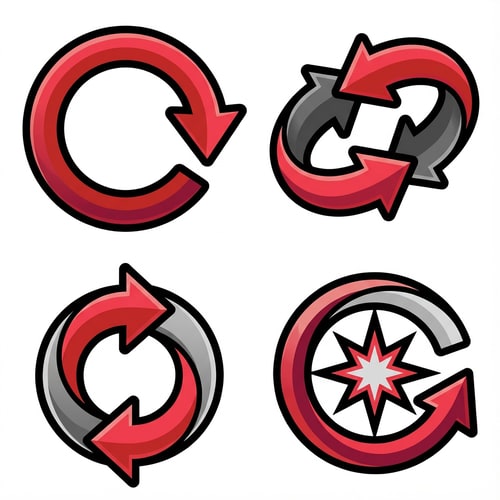 AI Design for create 4 vector retry buttons with no text or boxes confining it

The attached image represents the overall artistic style and aesthetic. Use it as a reference for visual consistency and design language. Do not replicate these images directly, but capture the general artistic direction and style.

General color scheme includes: #c82828, #f03c50, #505050, #dcdcdc, #8c143c

And follow these custom instructions: Create icons with a bold, modern cartoon-vector aesthetic. Use thick, clean outlines (preferably dark or black) to define shapes and provide strong contrast against vibrant fills. Maintain smooth, rounded corners and soft geometric forms—favor simplified silhouettes over intricate details.

Use a vivid, saturated color palette with high contrast between foreground and background elements. Incorporate subtle gradients and light reflections to add depth without overwhelming clarity.