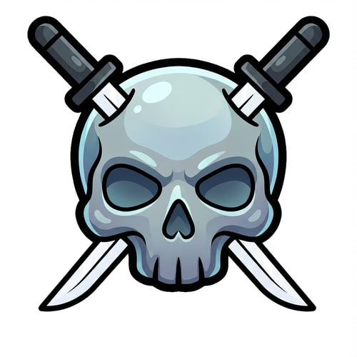 AI Design for make the skull slightly more cartoonish and less realistic do not alter the appearance of the katanas also give the skull a thick black outline also make make the coloring cooler and the skull more cartoonish not just one solid color

The attached image represents the overall artistic style and aesthetic. Use it as a reference for visual consistency and design language. Do not replicate these images directly, but capture the general artistic direction and style.

General color scheme includes: #c82828, #f03c50, #505050, #dcdcdc, #8c143c

And follow these custom instructions: Create icons with a bold, modern cartoon-vector aesthetic. Use thick, clean outlines (preferably dark or black) to define shapes and provide strong contrast against vibrant fills. Maintain smooth, rounded corners and soft geometric forms—favor simplified silhouettes over intricate details.

Use a vivid, saturated color palette with high contrast between foreground and background elements. Incorporate subtle gradients and light reflections to add depth without overwhelming clarity.
