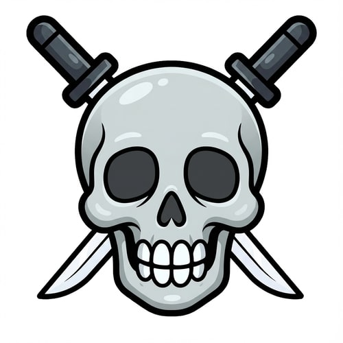 AI Design for make the skull slightly more cartoonish do not alter the appearance of the katanas

The attached image represents the overall artistic style and aesthetic. Use it as a reference for visual consistency and design language. Do not replicate these images directly, but capture the general artistic direction and style.

General color scheme includes: #c82828, #f03c50, #505050, #dcdcdc, #8c143c

And follow these custom instructions: Create icons with a bold, modern cartoon-vector aesthetic. Use thick, clean outlines (preferably dark or black) to define shapes and provide strong contrast against vibrant fills. Maintain smooth, rounded corners and soft geometric forms—favor simplified silhouettes over intricate details.

Use a vivid, saturated color palette with high contrast between foreground and background elements. Incorporate subtle gradients and light reflections to add depth without overwhelming clarity.