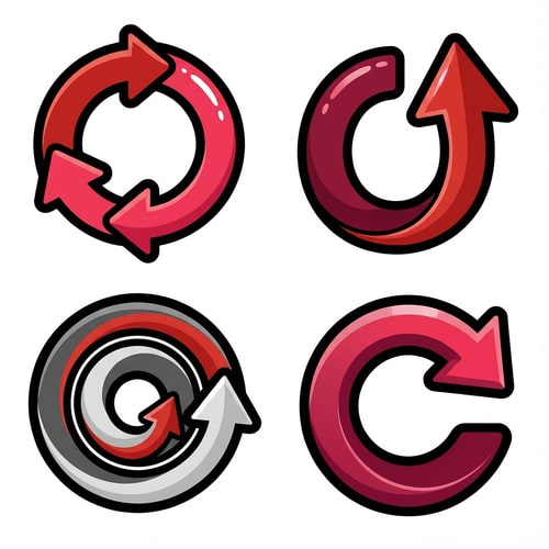 AI Design for create 4 vector retry buttons with no text or boxes confining it
The attached image represents the overall artistic style and aesthetic. Use it as a reference for visual consistency and design language. Do not replicate these images directly, but capture the general artistic direction and style.
General color scheme includes: #c82828, #f03c50, #505050, #dcdcdc, #8c143c
And follow these custom instructions: Create icons with a bold, modern cartoon-vector aesthetic. Use thick, clean outlines (preferably dark or black) to define shapes and provide strong contrast against vibrant fills. Maintain smooth, rounded corners and soft geometric forms—favor simplified silhouettes over intricate details.
Use a vivid, saturated color palette with high contrast between foreground and background elements. Incorporate subtle gradients and light reflections to add depth without overwhelming clarity.