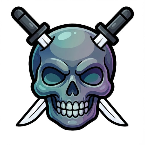AI Design for make the skull slightly more cartoonish and less realistic do not alter the appearance of the katanas also give the skull a thick black outline also make make the coloring cooler and the skull insanely cartoonish not just one solid color

The attached image represents the overall artistic style and aesthetic. Use it as a reference for visual consistency and design language. Do not replicate these images directly, but capture the general artistic direction and style.

General color scheme includes: #c82828, #f03c50, #505050, #dcdcdc, #8c143c

And follow these custom instructions: Create icons with a bold, modern cartoon-vector aesthetic. Use thick, clean outlines (preferably dark or black) to define shapes and provide strong contrast against vibrant fills. Maintain smooth, rounded corners and soft geometric forms—favor simplified silhouettes over intricate details.

Use a vivid, saturated color palette with high contrast between foreground and background elements. Incorporate subtle gradients and light reflections to add depth without overwhelming clarity.