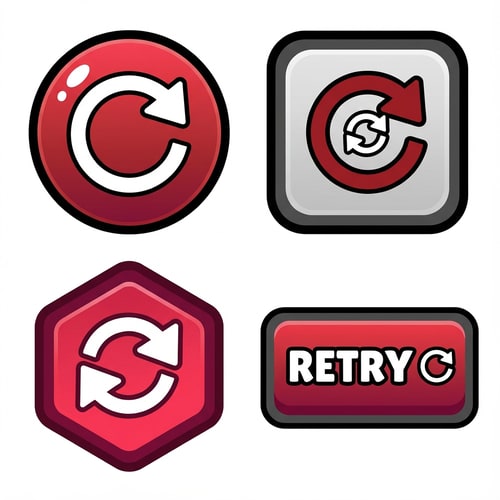 AI Design for create 4 vector retry buttons
The attached image represents the overall artistic style and aesthetic. Use it as a reference for visual consistency and design language. Do not replicate these images directly, but capture the general artistic direction and style.
General color scheme includes: #c82828, #f03c50, #505050, #dcdcdc, #8c143c
And follow these custom instructions: Create icons with a bold, modern cartoon-vector aesthetic. Use thick, clean outlines (preferably dark or black) to define shapes and provide strong contrast against vibrant fills. Maintain smooth, rounded corners and soft geometric forms—favor simplified silhouettes over intricate details.
Use a vivid, saturated color palette with high contrast between foreground and background elements. Incorporate subtle gradients and light reflections to add depth without overwhelming clarity.
