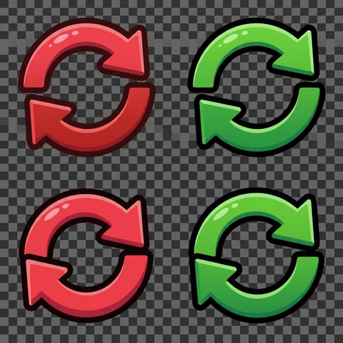 AI Design for create 4 vector retry buttons with no text or boxes confining it make it either red or green make sure theres no background and make them cartoony with appealing coloring make sure theres only one arrow

The attached image represents the overall artistic style and aesthetic. Use it as a reference for visual consistency and design language. Do not replicate these images directly, but capture the general artistic direction and style.

General color scheme includes: #c82828, #f03c50, #505050, #dcdcdc, #8c143c

And follow these custom instructions: Create icons with a bold, modern cartoon-vector aesthetic. Use thick, clean outlines (preferably dark or black) to define shapes and provide strong contrast against vibrant fills. Maintain smooth, rounded corners and soft geometric forms—favor simplified silhouettes over intricate details.

Use a vivid, saturated color palette with high contrast between foreground and background elements. Incorporate subtle gradients and light reflections to add depth without overwhelming clarity.