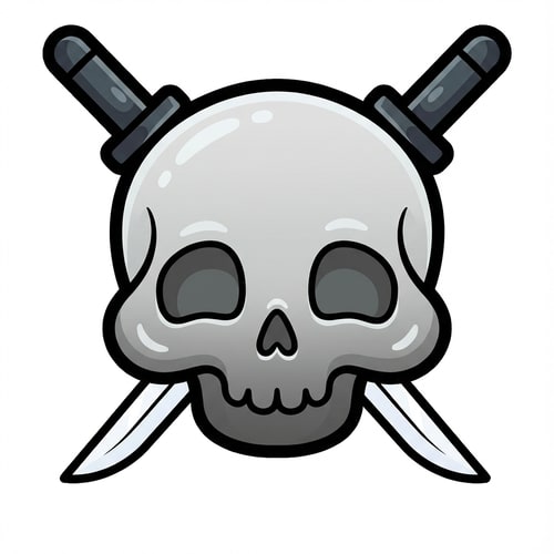 AI Design for make the skull slightly more cartoonish and less realistic do not alter the appearance of the katanas also give the skull a thick black outline

The attached image represents the overall artistic style and aesthetic. Use it as a reference for visual consistency and design language. Do not replicate these images directly, but capture the general artistic direction and style.

General color scheme includes: #c82828, #f03c50, #505050, #dcdcdc, #8c143c

And follow these custom instructions: Create icons with a bold, modern cartoon-vector aesthetic. Use thick, clean outlines (preferably dark or black) to define shapes and provide strong contrast against vibrant fills. Maintain smooth, rounded corners and soft geometric forms—favor simplified silhouettes over intricate details.

Use a vivid, saturated color palette with high contrast between foreground and background elements. Incorporate subtle gradients and light reflections to add depth without overwhelming clarity.