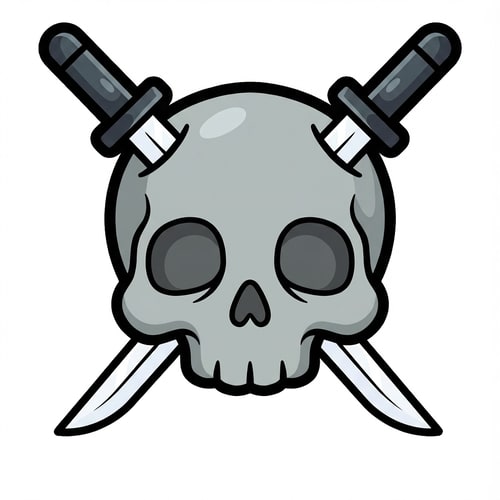 AI Design for make the skull slightly more cartoonish and less realistic do not alter the appearance of the katanas also give the skull a thick black outline

The attached image represents the overall artistic style and aesthetic. Use it as a reference for visual consistency and design language. Do not replicate these images directly, but capture the general artistic direction and style.

General color scheme includes: #c82828, #f03c50, #505050, #dcdcdc, #8c143c

And follow these custom instructions: Create icons with a bold, modern cartoon-vector aesthetic. Use thick, clean outlines (preferably dark or black) to define shapes and provide strong contrast against vibrant fills. Maintain smooth, rounded corners and soft geometric forms—favor simplified silhouettes over intricate details.

Use a vivid, saturated color palette with high contrast between foreground and background elements. Incorporate subtle gradients and light reflections to add depth without overwhelming clarity.