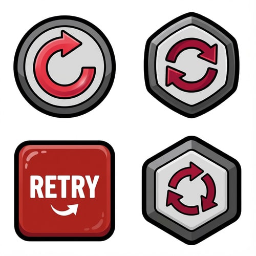 AI Design for Create three separate retry buttons.
The attached image represents the overall artistic style and aesthetic. Use it as a reference for visual consistency and design language. Do not replicate these images directly, but capture the general artistic direction and style.
General color scheme includes: #c82828, #f03c50, #505050, #dcdcdc, #8c143c
And follow these custom instructions: Create icons with a bold, modern cartoon-vector aesthetic. Use thick, clean outlines (preferably dark or black) to define shapes and provide strong contrast against vibrant fills. Maintain smooth, rounded corners and soft geometric forms—favor simplified silhouettes over intricate details.
Use a vivid, saturated color palette with high contrast between foreground and background elements. Incorporate subtle gradients and light reflections to add depth without overwhelming clarity.
