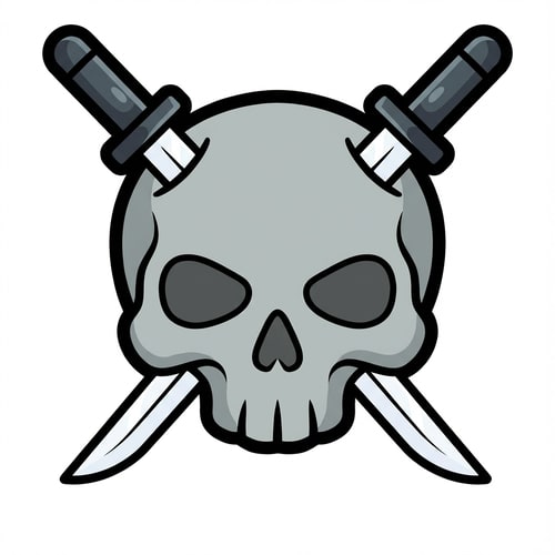 AI Design for Recolor the katana to white with black handles. Make the skull slightly less realistic. Make the katanas enter through the top of the skull rather than the middle.